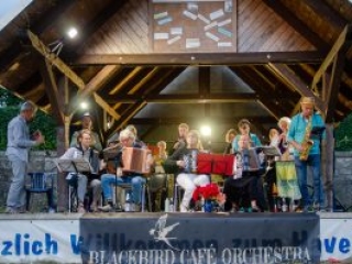 Foto: ein Orchester spielt auf einer holz&uuml;berdachten B&uuml;hne