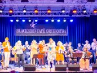 Foto: gro&szlig;es Orchester mit unterschiedlichen Instrumenten spielt auf einer B&uuml;hne